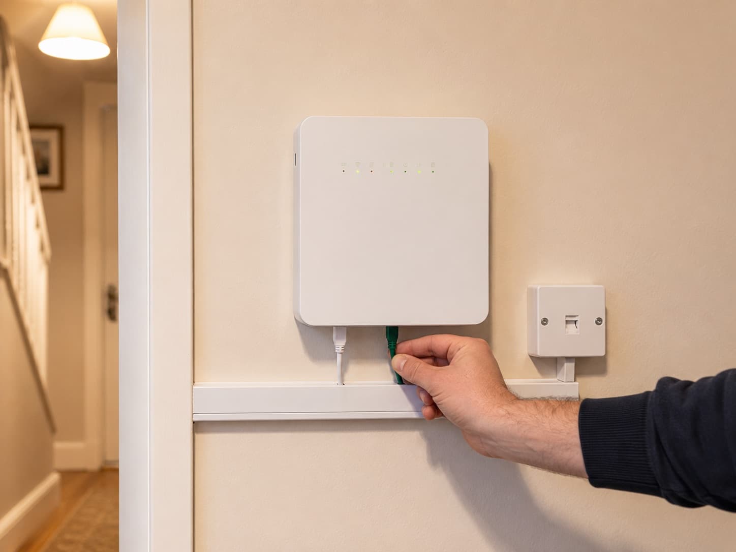 A broadband router wall-mounted in a hallway with cable run in white trunking, next to a phone socket