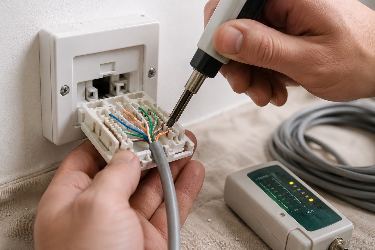 Cat6 network cable being terminated into a wall data socket with a punch-down tool, cable tester and coiled cable alongside
