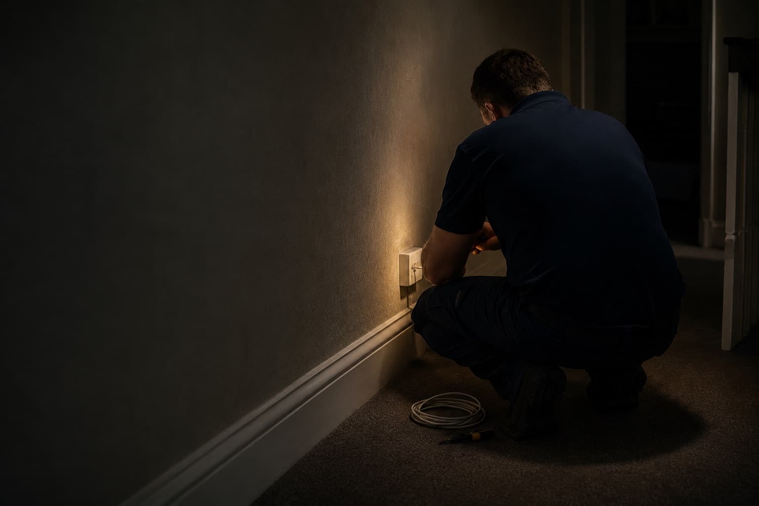 Telephone engineer crouched at a skirting-board phone socket in a darkened hallway, working by torchlight
